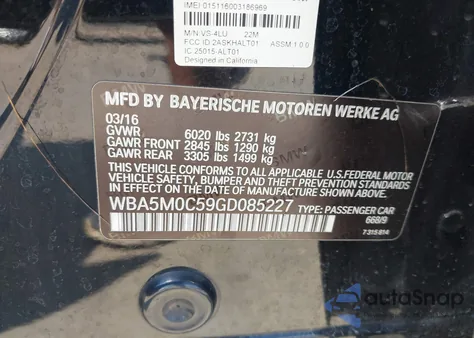 2016 BMW 550I Gran Turismo xDrive из США, поврежденный, VIN WBA5M0C59GD085227